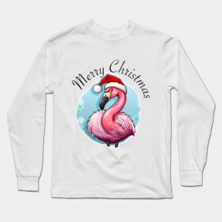 Pink Flamingo Wearing Santa Hat - Merry Christmas (Black Lettering) Long Sleeve T-Shirt